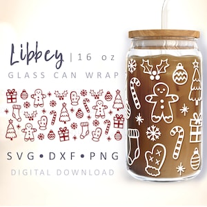 Emballage de verre de boîte de Noël SVG Pain d'épice Bas de verre Flocons de neige Houx Cannes de bonbon Arbres minimalistes Fichier de 16 oz Libbey Wrap dessiné à la main