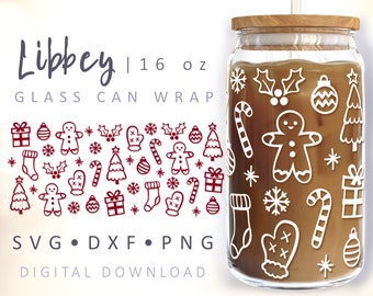 Christmas Can Glass Wrap SVG Gingerbread Glass Stockings Snowflakes Holly Candy Canes Minimalist Trees Hand Drawn 16 oz Libbey Wrap Cut File