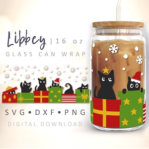 Weihnachten Katze Dose Glas SVG Weihnachtsgeschenke Dose Geschenke verpacken Schneeflocken Boxen Süße Katze Kaffeetasse SVG 16 oz Libbey Dose SVG Cricut Cut Datei