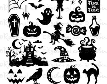 May include: A set of 20 black and white Halloween clip art images. The images include a witch, a ghost, a scarecrow, a jack-o-lantern, a spider, a spider web, a cauldron, a bat, a crow, a cat, a haunted house, a candy corn, a crescent moon, a witch's hat, a coffin, a trick or treat bag, a potion bottle, and a pumpkin.