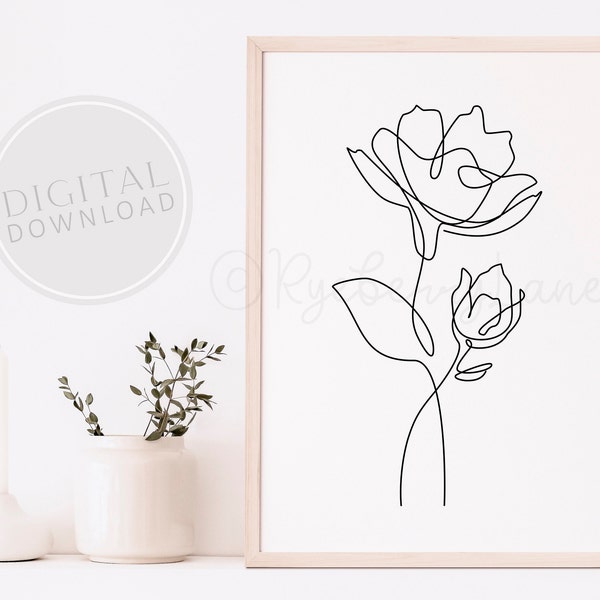 Flower Wall Art Flower Drawing Magnolia Drawing Line Art Boho Print Continuous Single Line Drawing Minimalist Modern Art Digital DOWNLOAD