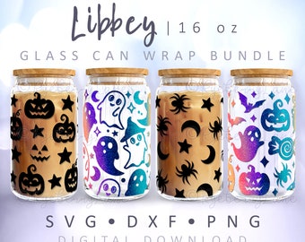 Paquete de latas de vidrio para Halloween, fantasmas de Jack-O-Lantern, calabazas, arañas de latas de vidrio, SVG de Halloween, envolturas para latas Libbey de 16 oz, archivo de corte Cricut para latas de cerveza