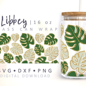 Monstera Can Glass Wrap SVG Boho Glass Can SVG Foglie tropicali verdi Illustrazione Pianta Coppa 16 oz Libbey Can Wrap Template Cricut Cut File
