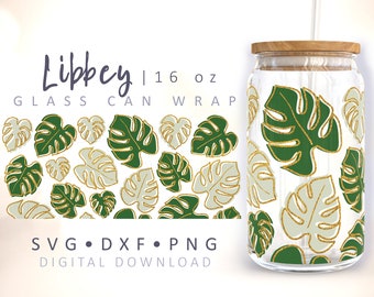 Monstera Can Glass Wrap SVG Boho Glass Can SVG Green Tropical Leaves Illustration Plant Cup 16 oz Libbey Can Wrap Template Cricut Cut File