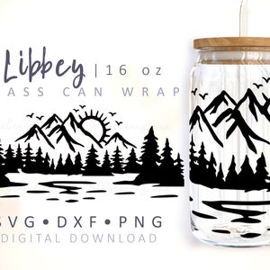 Montañas Can Glass Wrap SVG Sun Can Glass Nature Camping Sunrise Forest Van Life Lake Trees Can Glass 16 oz Libbey Wrap SVG Cricut Cut File