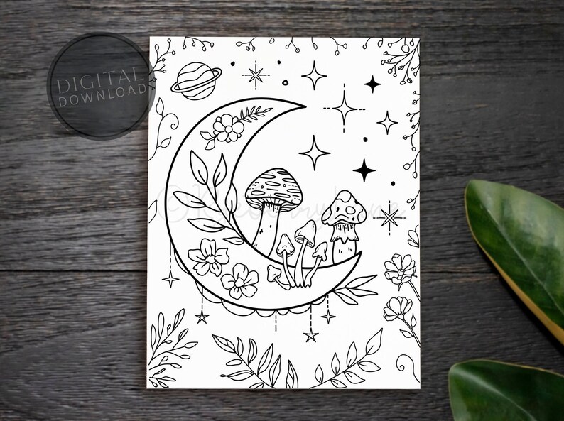 May include: A black and white line drawing of a crescent moon with mushrooms, flowers, and stars. The moon is surrounded by leaves and vines.