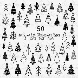 Minimalistische kerstbomen bundel 50 lijnboom SVGs PNG vakantie clipart moderne midden van de eeuw retro kersttekeningen hand getekende illustraties