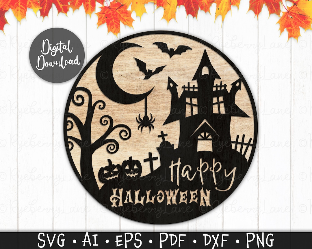 Happy Halloween Sign SVG Round Wall Sign Halloween Svg Wall Decor Door ...