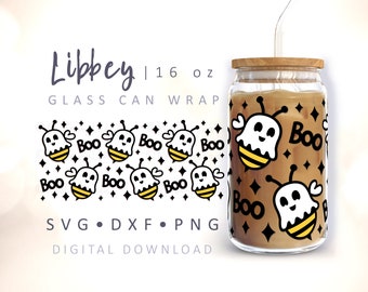 Boo Bee Can Glass SVG Ghost Vector Halloween Can Glass 16 oz Libbey Can Glass Wrap Digital Cut File for Cricut Silhouette Funny Beer Cup