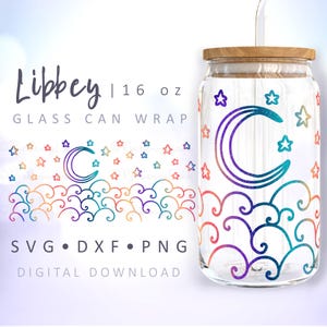 Maan blik glas wrap SVG sterren blik glas natuur nachtelijke hemel sterren blik glas SVG wolken blik glas golven 16 oz Libbey wrap SVG Cricut gesneden bestand