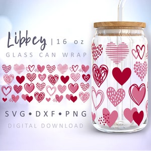 Herz Glas Wrap SVG Doodle Herzen Dose Glas Tasse SVG handgezeichnet Valentinstag Dose Wrap 16 oz Libbey Dose Glas SVG Cricut Cut Datei Full Wrap