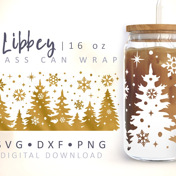 Christmas Trees Can Glass Wrap SVG Snowflakes Can Glass Cup Snow Libbey Can Wrap Full 16 oz Libbey Can Glass SVG Cricut Cut File Silhouette