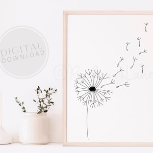 Löwenzahn-Wandkunst, Löwenzahn-Zeichnung, Strichzeichnungen, Löwenzahn-Kunstdruck, digitale Kunst, Löwenzahn-Poster, minimalistische moderne Kunst, Schlafzimmerkunst, druckbare Kunst