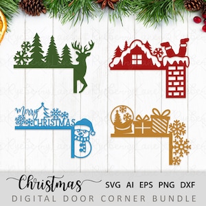 May include: A digital download bundle of five Christmas door corner designs. The designs include a snowman, a reindeer, a Christmas tree, a snow globe, and Santa Claus climbing down a chimney.