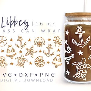 Beach Can Glass Wrap SVG Beach Beer Can Glass Nautical Can Glass Beach SVG Seashells Summer 16oz Libbey Can Wrap Template Cricut Cut File