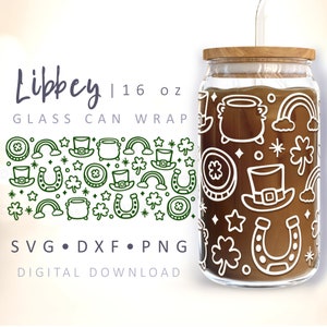 St Patrick's Day Glass Wrap SVG Shamrock Can Glass Four Leaf Clover Beer Can Wrap Horseshoe Illustration Doodle 16 oz Libbey Cup Cut File