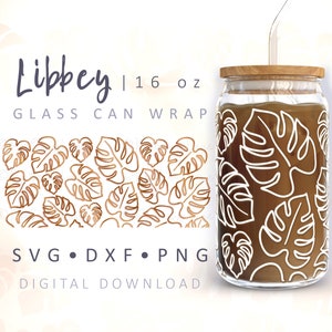 Monstera Can Glass Wrap SVG Boho Glass Can Monstera Líneas SVG Minimalista Hojas Tropicales Planta 16oz Libbey Puede Envolver Plantilla Cricut Cut File