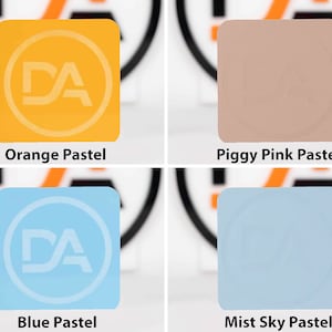 May include: Four square swatches of pastel paint colors. The colors are orange pastel, piggy pink pastel, blue pastel, and mist sky pastel.