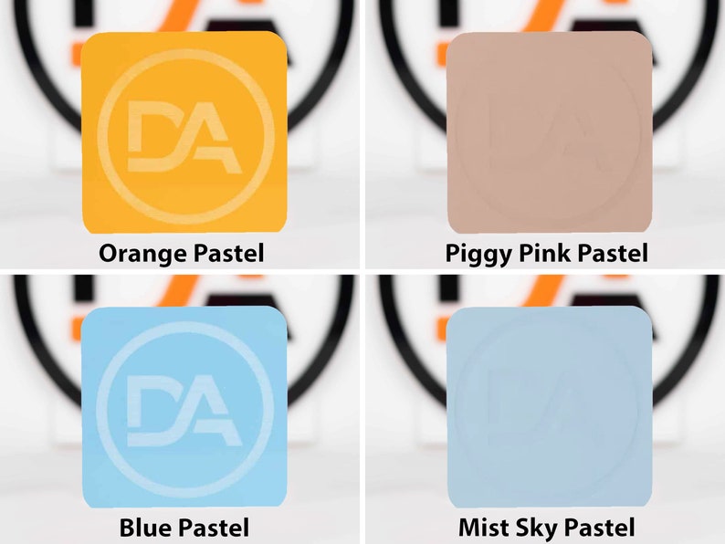 May include: Four square swatches of pastel paint colors. The colors are orange pastel, piggy pink pastel, blue pastel, and mist sky pastel.