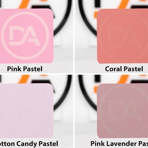 May include: Four square samples of pastel colored paint chips. The colors are pink pastel, coral pastel, cotton candy pastel, and pink lavender pastel.