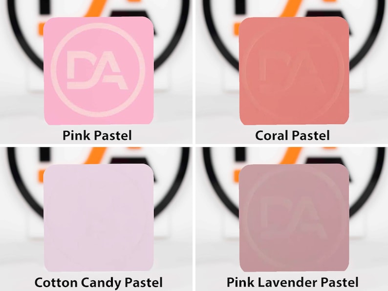 May include: Four square samples of pastel colored paint chips. The colors are pink pastel, coral pastel, cotton candy pastel, and pink lavender pastel.