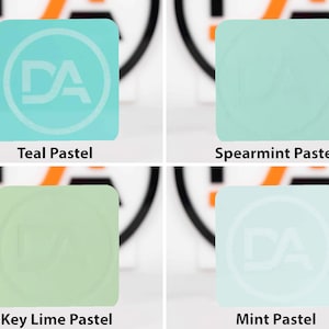 May include: Four square samples of pastel paint colors. Teal Pastel, Spearmint Pastel, Key Lime Pastel, and Mint Pastel.