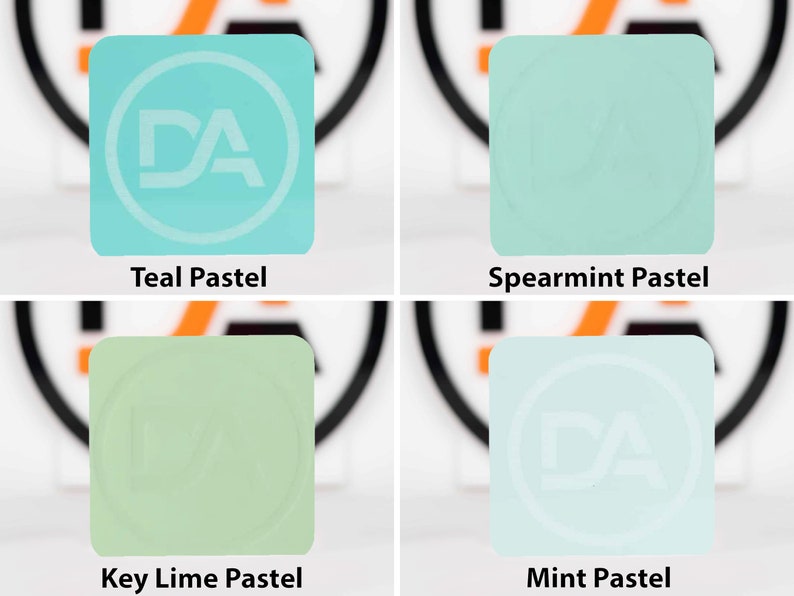May include: Four square samples of pastel paint colors. Teal Pastel, Spearmint Pastel, Key Lime Pastel, and Mint Pastel.