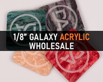 May include: Four 1/8" thick galaxy acrylic squares with a white circle and logo in the center. The squares are in different colors: green, black, pink, and red.