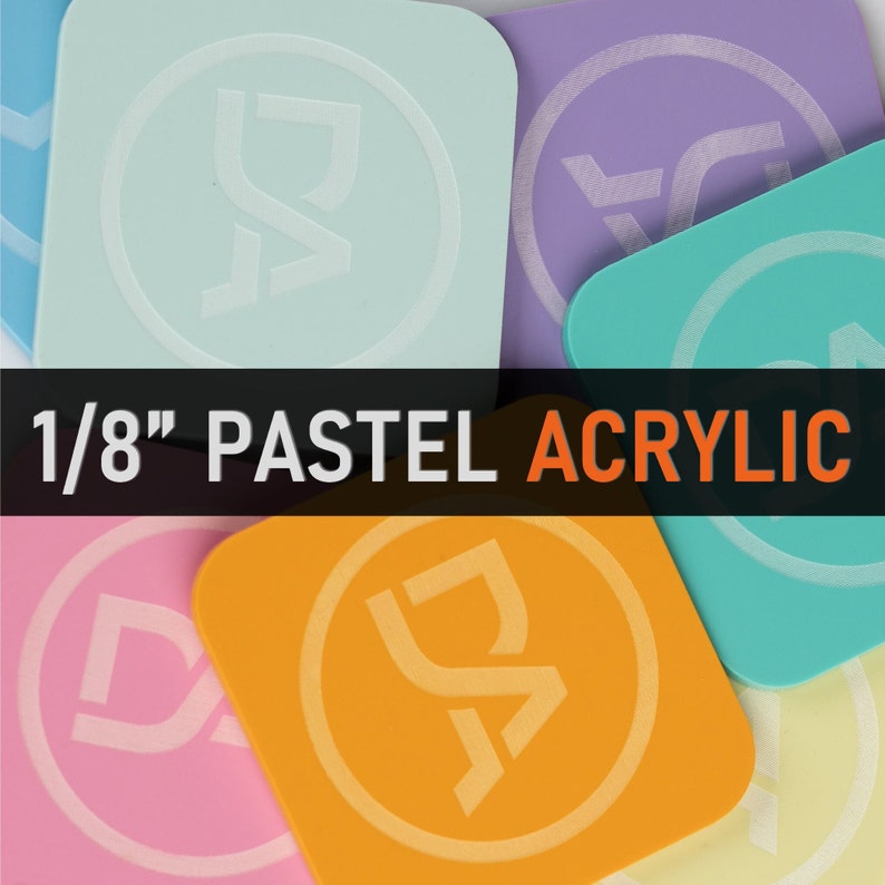 May include: Assortment of 1/8 inch thick pastel colored acrylic squares with a white logo in the center of each square.