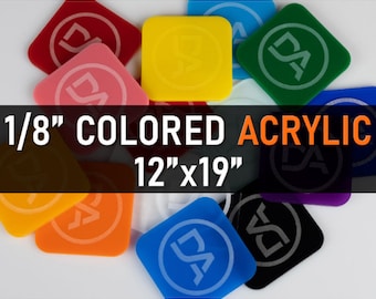 May include: Assortment of 1/8 inch thick colored acrylic sheets, each measuring 12 inches by 19 inches. The sheets are in various colors, including red, pink, yellow, green, blue, purple, orange, and black. Each sheet has a white logo printed on it.