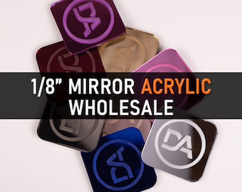 May include: Assortment of 1/8 inch thick mirror acrylic squares in various colors, including purple, red, gold, pink, black, blue, and silver. Each square features a laser-cut design of the letters "DA".