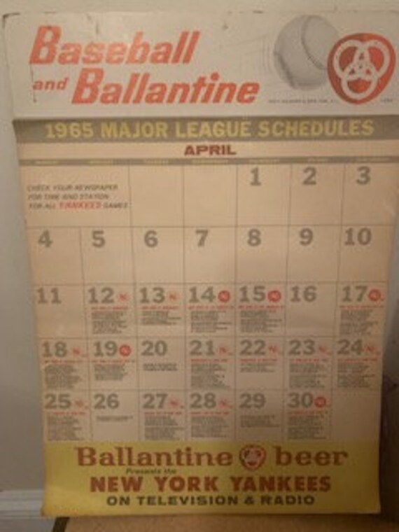1965 New York Yankees Major League Schedule Calendar for Television and  Radio Presented by Ballantine Beer Rare Vintage - Etsy