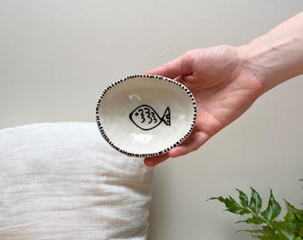 Cat Food Bowl in Fishy, Handmade Ceramic