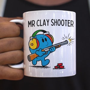 Taza de Mr Clay Shooter, taza de tiro, regalo de tiro al plato, taza de escopeta, regalo de caza, tiro al faisán, deportes campestres, regalo de caza, tiro