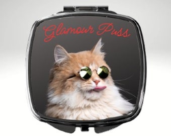 Cat Mirror, Compact Mirror, Cat Lover's Gift, Glamour Puss, Pussy Cat, Cat Mom Gift, Kitten Gifts, Make Up Mirror, Gift for MUA