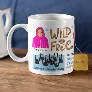 Wild Swimming Mug, Open Water Swimmer Gift, Wild & Free, Faffing, No Knickers, Dry Robe, Cold Water Swimmer Present, Swim Buddy Gift Idea
