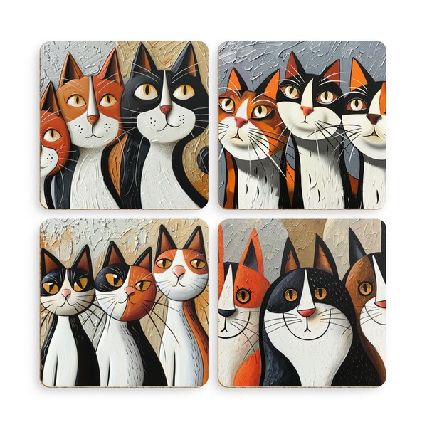 Funny Cat Coasters, Pack of 4, Cat Lover Gift, Cat Art, Cat Lady, Cat Dad Gift, Cat Mum, Drinks Mats, Vet Gift, Animal Gifts Funny Pet Gifts