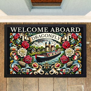 Personalized Narrowboat Welcome Mat: Canal Roses and Castles Art