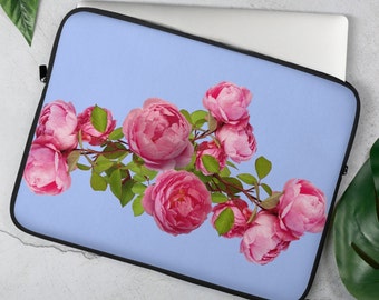 Pink Peonies on Periwinkle Background Sleeve Padded Travel Laptop Case For Work Back to School 13 Inch 15 Inch MacBook Sleeve Tech Gift Idea