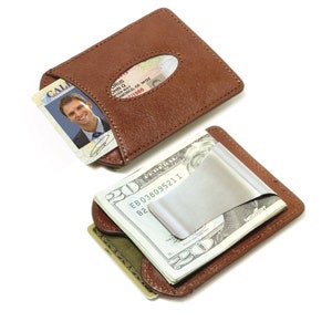 Smart Money Clip Leder, Edelstahl Geldklammer + Italienisch-gegerbtem Leder Kartenhalter, Minimalistische Fronttasche Portemonnaie für Männer - Cognac