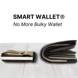 Smart wallet lying next to an old fashioned bulky leather wallet with "No more bulky wallet" slogan