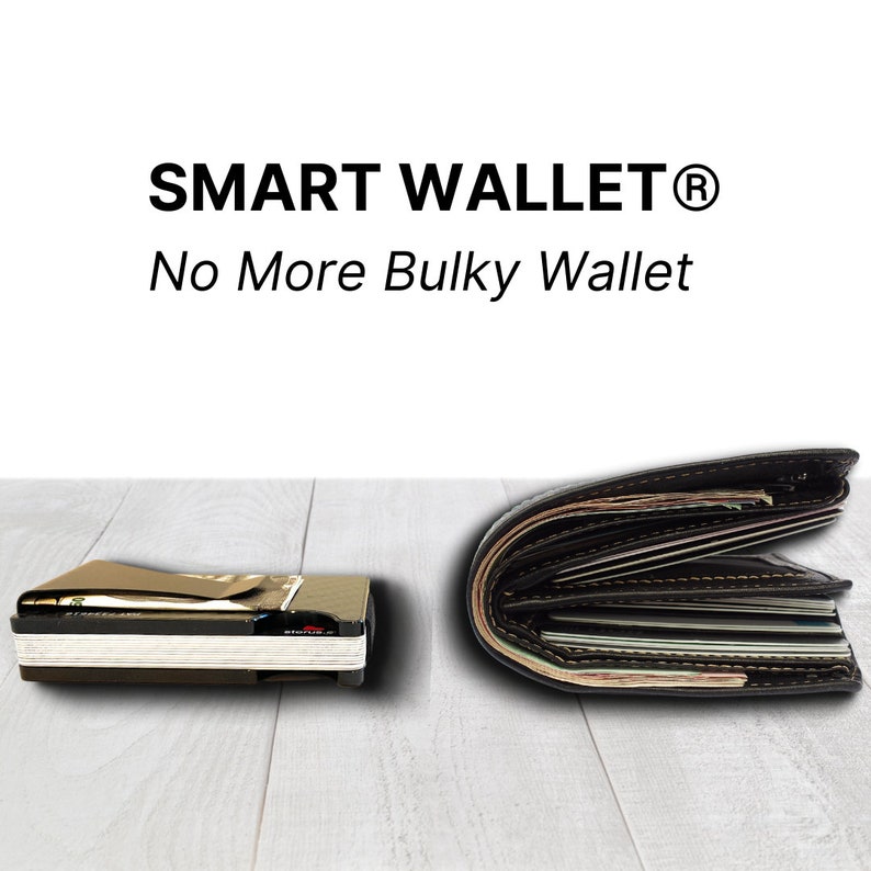 Smart wallet lying next to an old fashioned bulky leather wallet with "No more bulky wallet" slogan