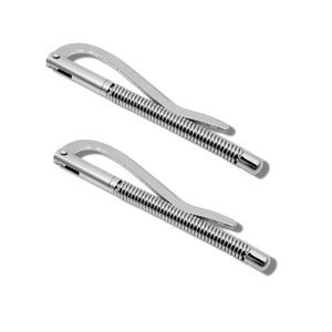 May include: Two silver-colored money clips. Each clip has a curved top, a spring-like central section, and a flat, rectangular end. The clips are angled slightly, casting a soft shadow on the white background.