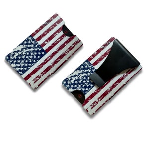 Billetera Smart® con bloqueo RFID, tarjetero de metal, clip para billetes, billetera minimalista con bolsillo frontal para hombres, regalo, veteranos - Bandera estadounidense desgastada