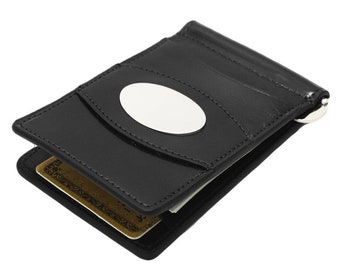 Carteira Navalha de Tamanho Internacional + Placa de Gravura, Carteira Fina Minimalista de Couro Curtido Italiano para Homens, Aniversário, Viagens, Presente - Preto