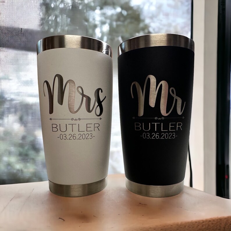 Mr. and Mrs. Tumbler Set, Personalized Bride Groom Name Wedding Gift, Laser Engraved 20oz Mug, Wedding Tumbler Set