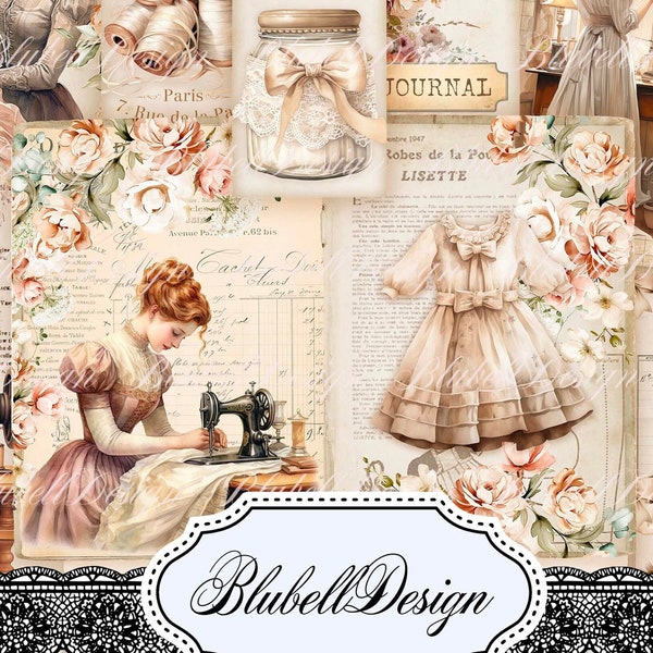 papier digital vintage " Passion couture" scrapbooking kit junk journal téléchargement numérique imprimable