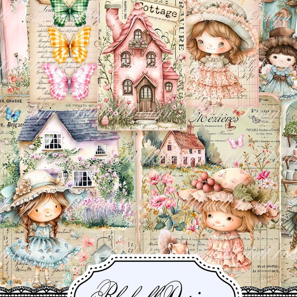 papier digital rétro " Petites filles de campagne vol 2" scrapbooking kit junk journal téléchargement numérique imprimable