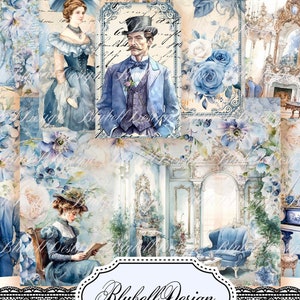 papier digital victorien shabby bleu "Quelque chose de bleu" scrapbooking kit junk journal téléchargement numérique imprimable