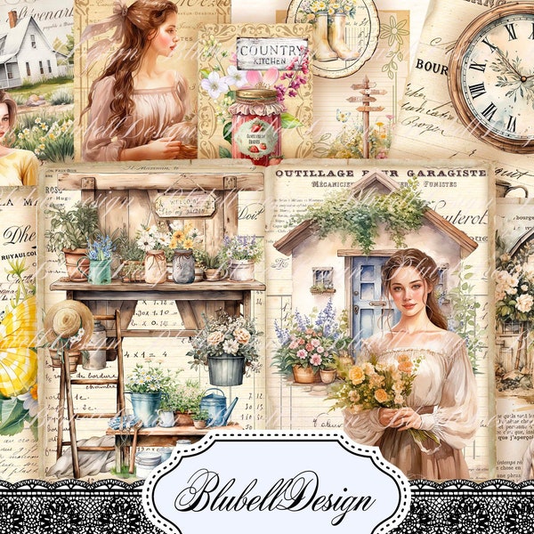 papier digital " Maison de campagne" scrapbooking kit junk journal téléchargement numérique imprimable